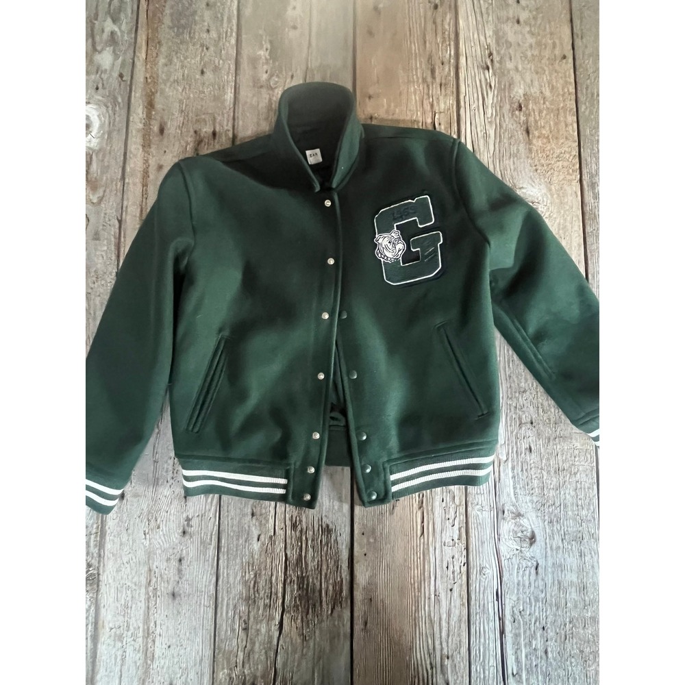 Gap Kids Varsity Jacket Green Wool Blend Letterman Bulldog Patch XL 14-16